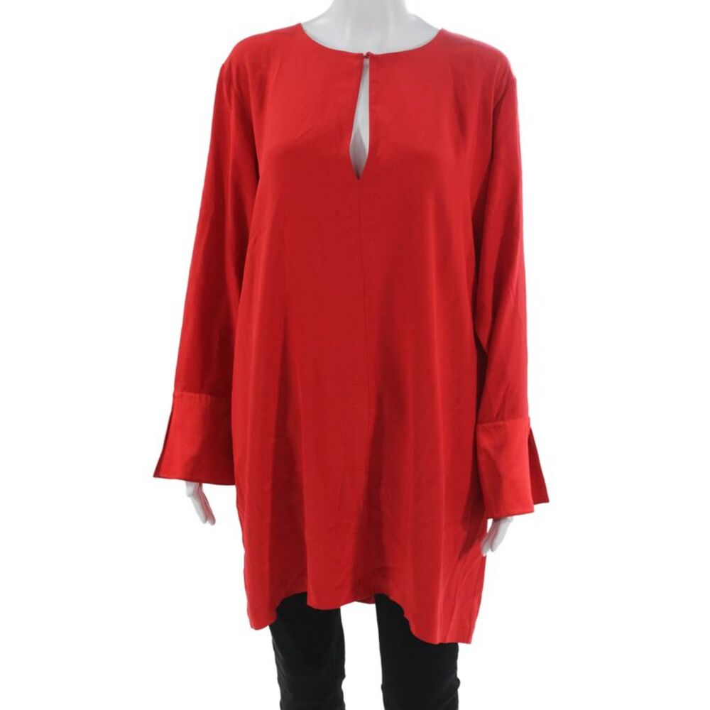 CARESTE Womens Red Silk Kaftan Top Round Neck Long Sleeve Size 14